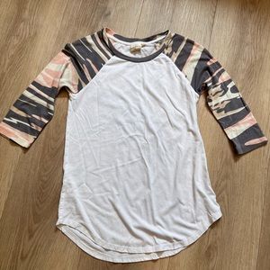 Pink/gray camo baseball 3/4 sleeve tee